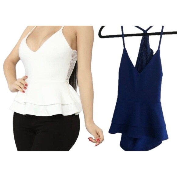 Fashion Nova Blue V Neck Spaghetti Straps Racerback Lace Back Peplum Top S - Picture 1 of 4